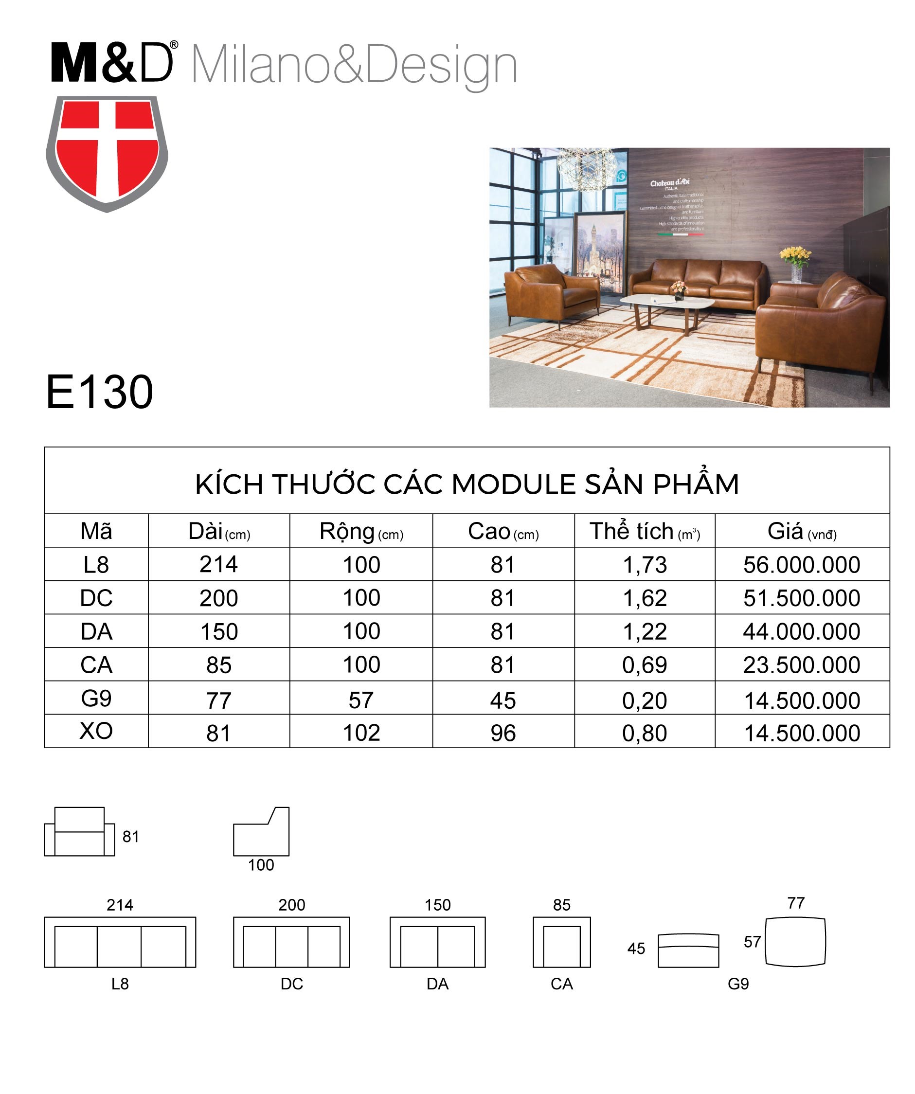 bảng kích thước bộ ghế sofa E130