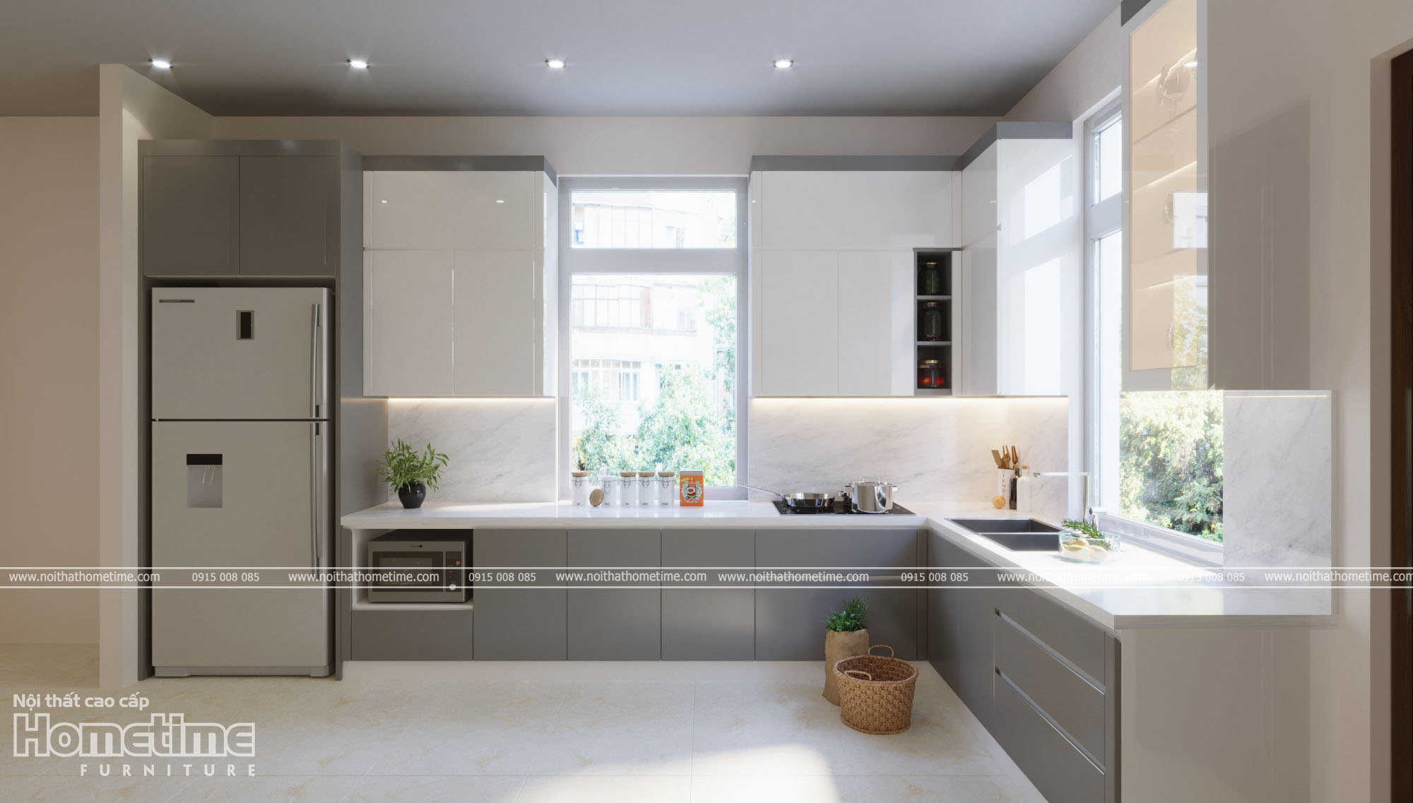 Phối cảnh tủ bếp chữ L hướng chính diện