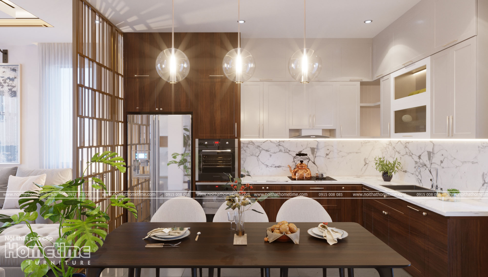 Nội thất phòng ăn sang trọng với ánh đèn trang trí rực rỡ