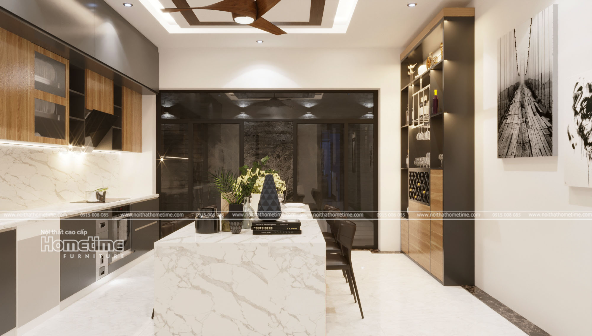 Vẻ đẹp của phòng bếp càng được nâng cao với ô cửa kính to