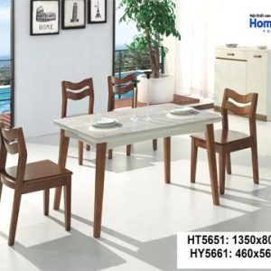Bộ bàn ăn 1m35 mặt đá công nghiệp chân gỗ tự nhiên HT5651