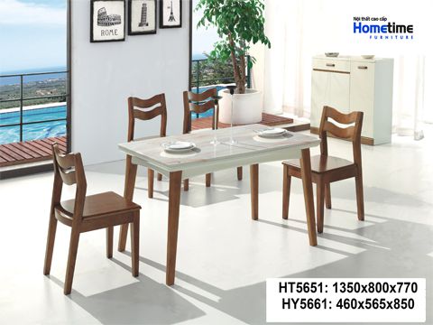 Bộ bàn ăn 1m35 mặt đá công nghiệp chân gỗ tự nhiên HT5651