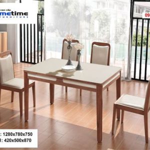Bộ bàn ăn chữ nhật 1m28 mặt kính chân gỗ nhập khẩu cao cấp HT5850-1
