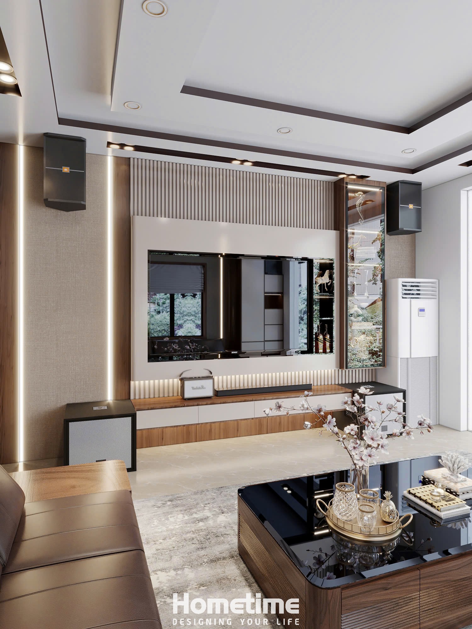 Thiết kế phòng khách anh Dương- Kệ tivi, hệ tủ trang trí tạo điểm nhấn, tăng chiều sâu không gian