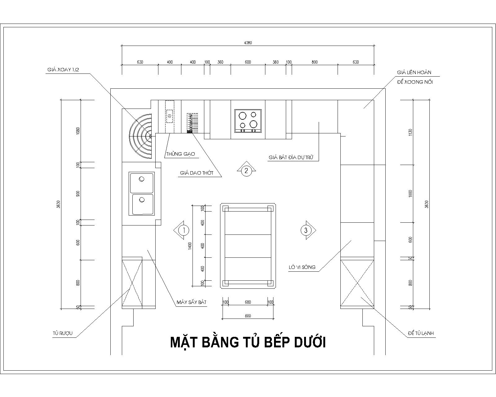 mat-bang-1 Kích thước chi tiết mặt bằng tủ bếp dưới tủ bếp tân cổ điển nhà anh Mạnh
