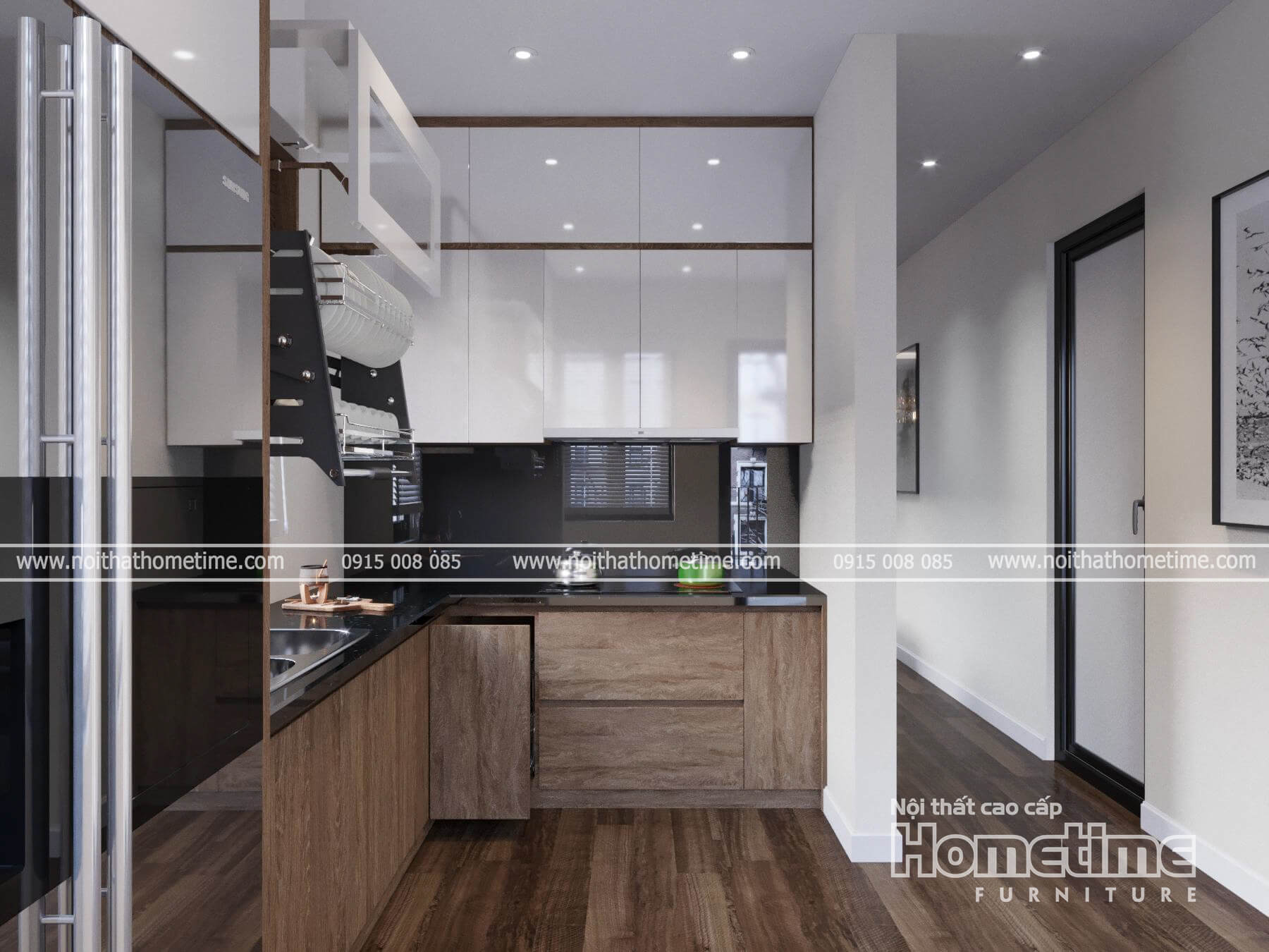 thiết kế tủ bếp kịch trần phủ acrylic bóng giương