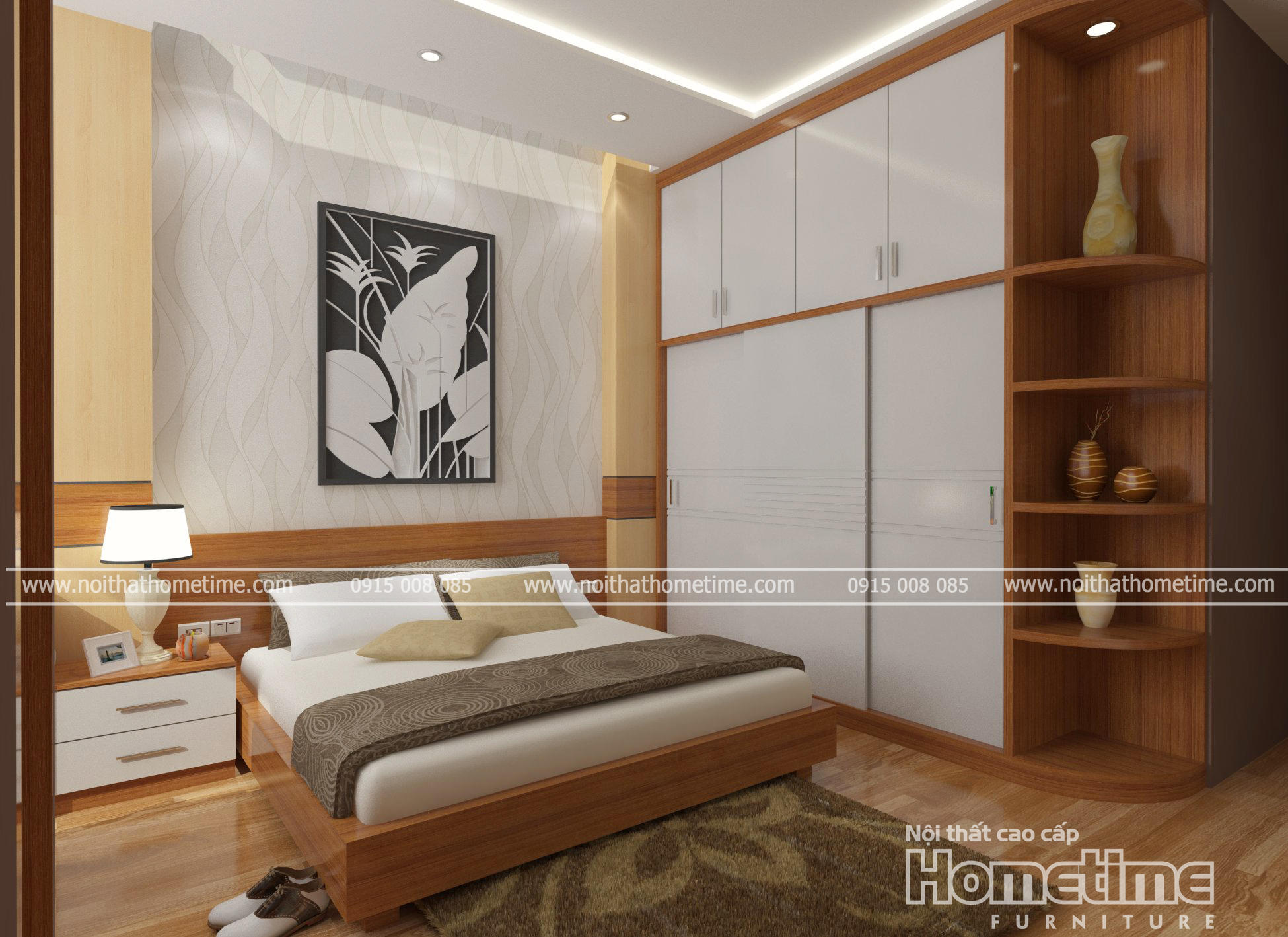 Phòng ngủ trầm ấm với gam màu gỗ kết hợp màu trắng