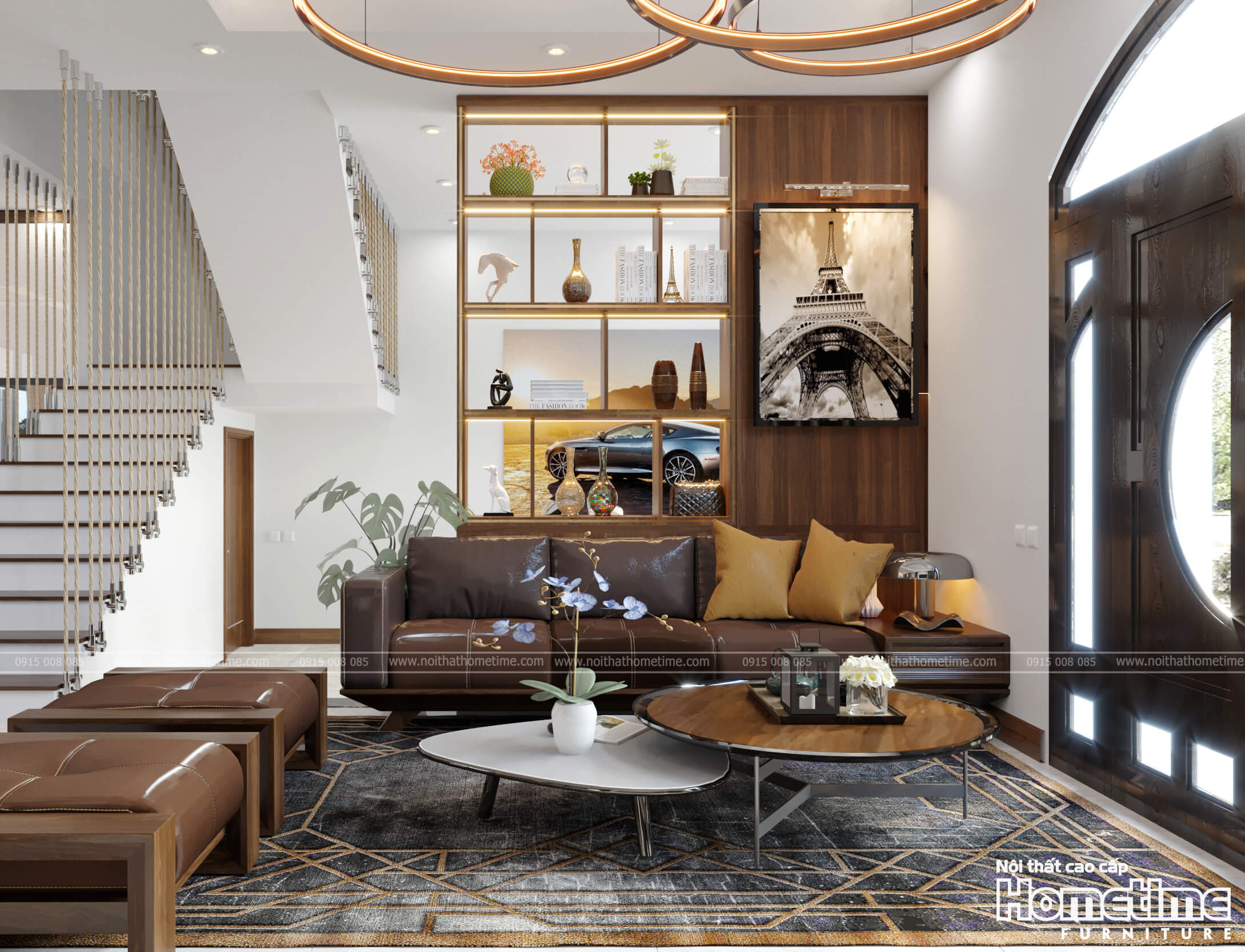 Nội thất phòng khách với bộ sofa và bàn trà hiện đại