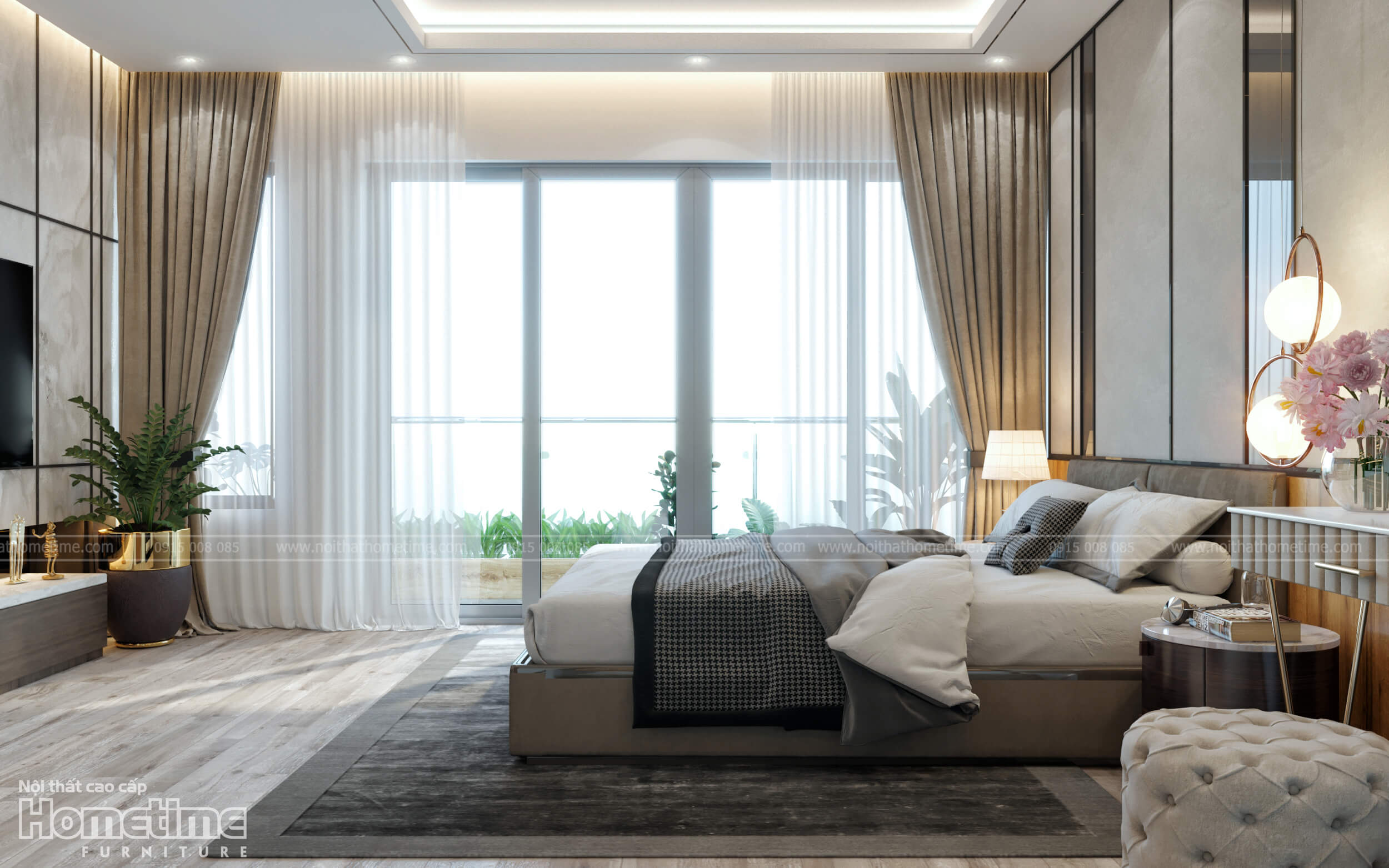 Phòng ngủ với hệ thống cửa kính lớn kết hợp rèm cửa trang trí hiện đại