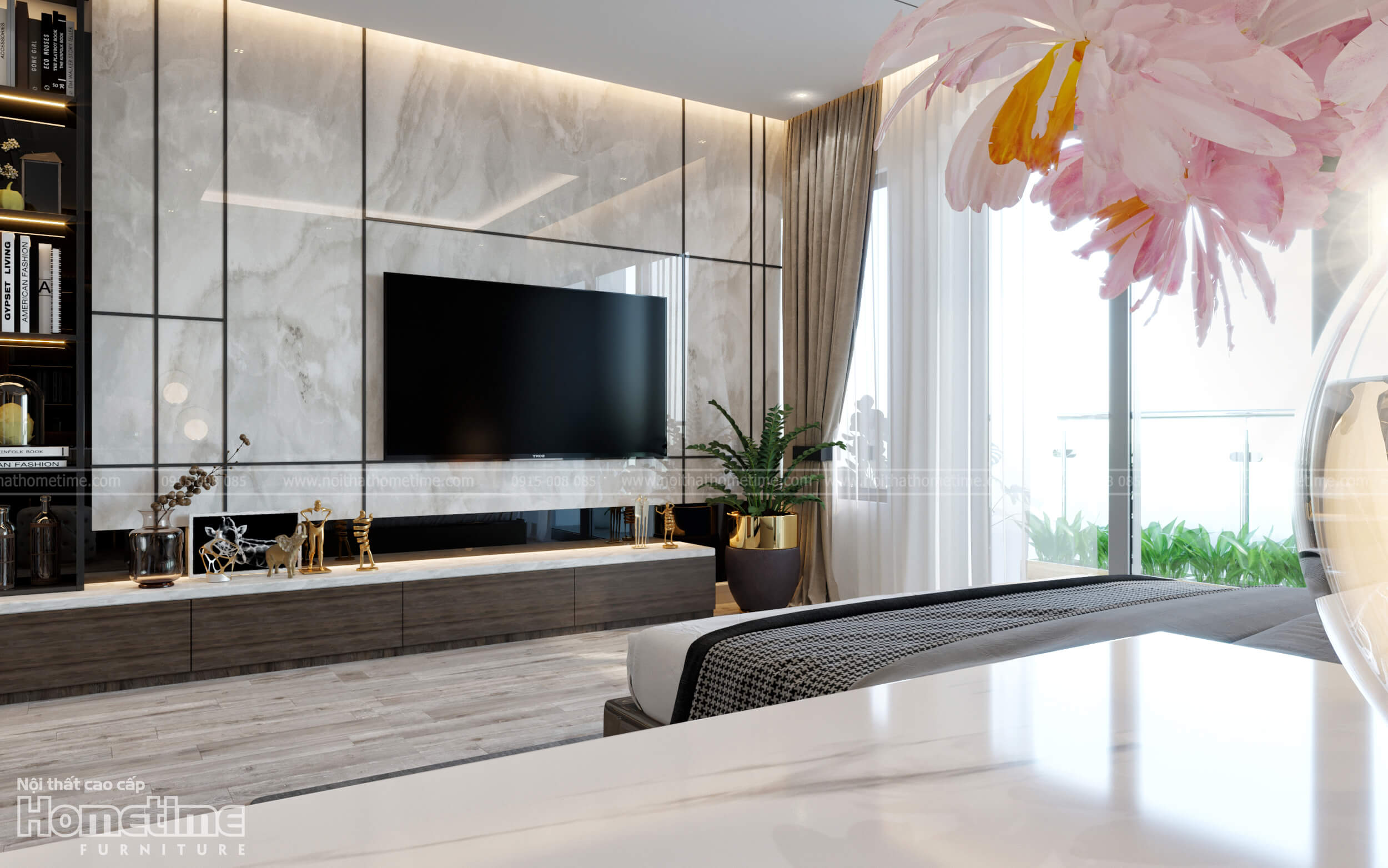 Vách trang trí kệ tivi phòng ngủ hiện đại
