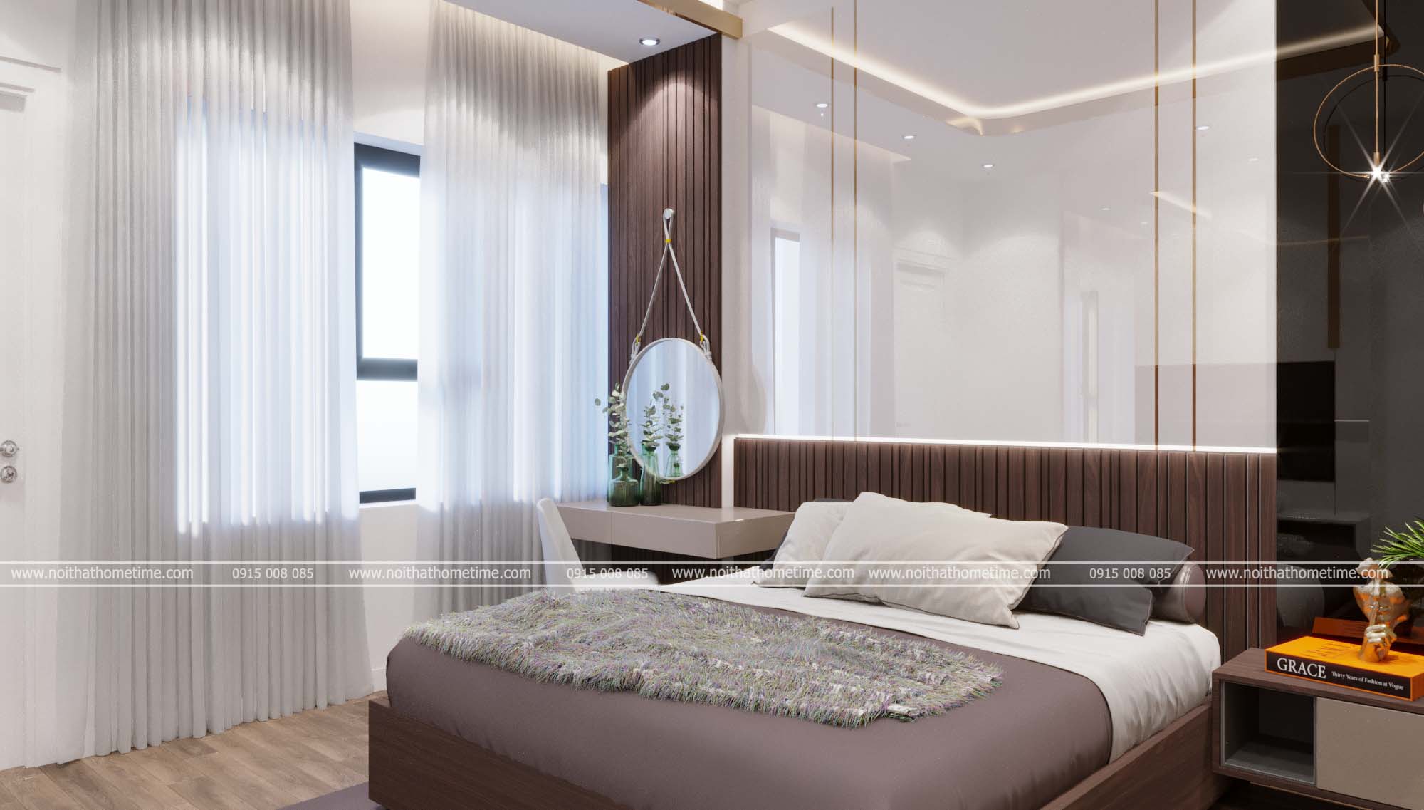 Vách trang trí phòng ngủ sang trọng cùng với chiếc bàn phấn