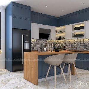 Thiết kế tủ bếp nhựa sơn men màu Pastel biệt thự Vinhomes Imperia