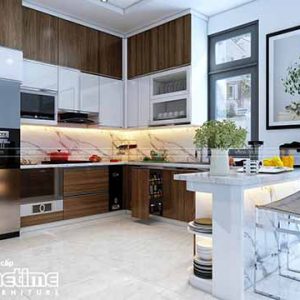 Tủ bếp nhựa phủ acrylic kết hợp phủ laminate nhà chị Vân