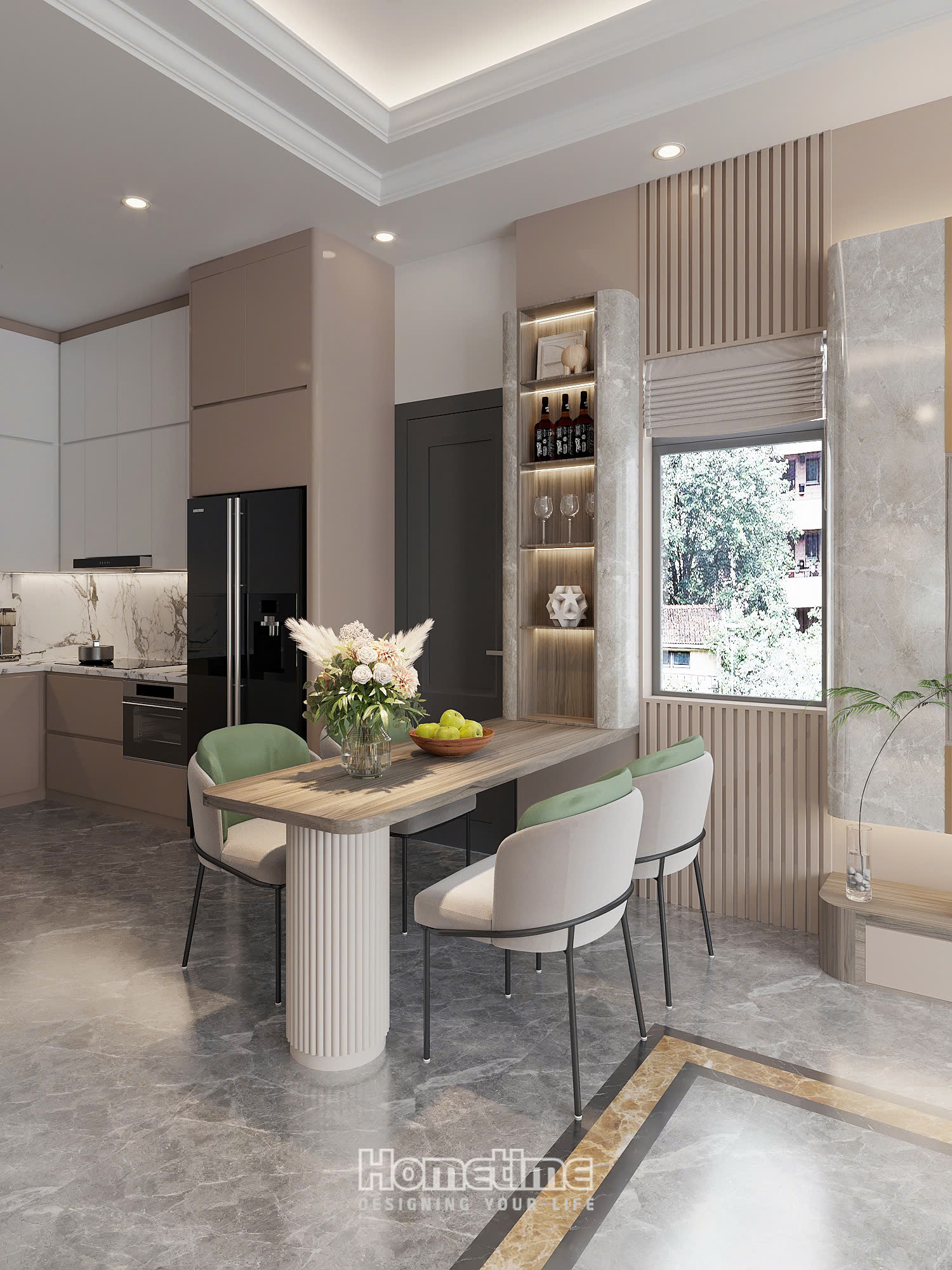 Blue house- Cận cảnh bộ bàn ăn và hệ tủ rượu tinh tế