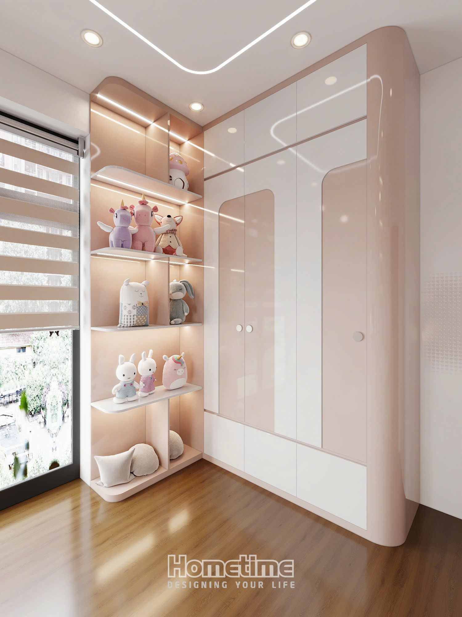 Thiết kế phòng ngủ bé- Chiếc tủ quần áo kịch trần kết hợp với kệ decor kịch trần tạo nên góc L thanh thoát